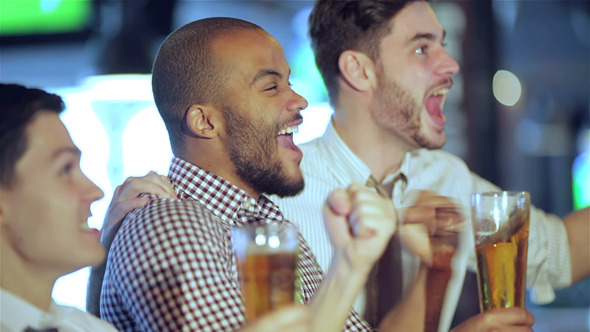 Men Shout And Rejoice In Meeting And Drink Beer Men Shout And Rejoice In Meeting And Drink Beer