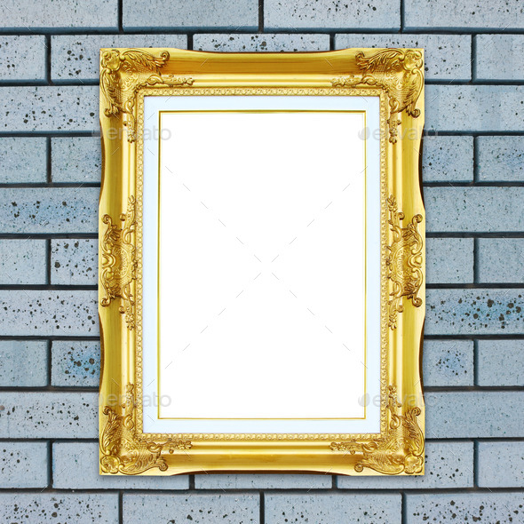 golden frame on brick stone wall background