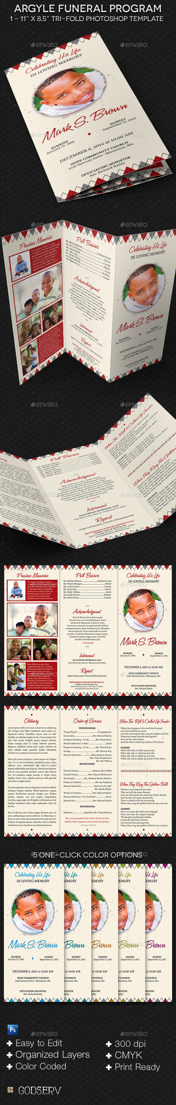 Argyle Tri-fold Funeral Program Template 