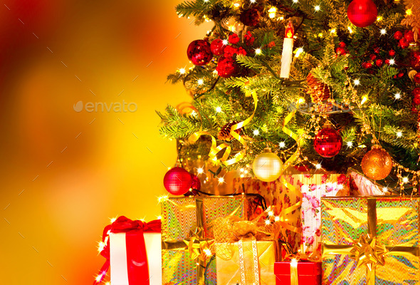 Holiday Christmas scene. Gifts under the Christmas tree