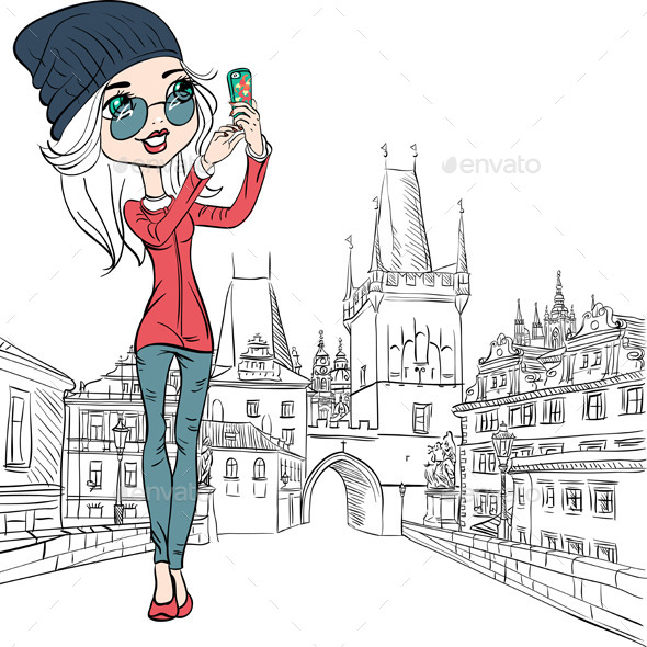 GraphicRiver Girl Makes Selfie in Prague 9597235 GraphicRiver Girl Makes Selfie in Prague 9597235