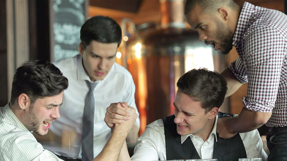 Men Shout And Rejoice In Meeting And Drink Beer Men Shout And Rejoice In Meeting And Drink Beer