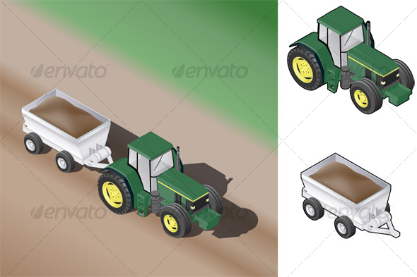 Isometric Farm Tractor w Trailer Isometric Farm Tractor w Trailer