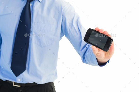 Close up of businessman holding a phone on white background (Misc) Photo Download