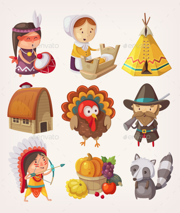 Set of Thanksgiving Items and Characters