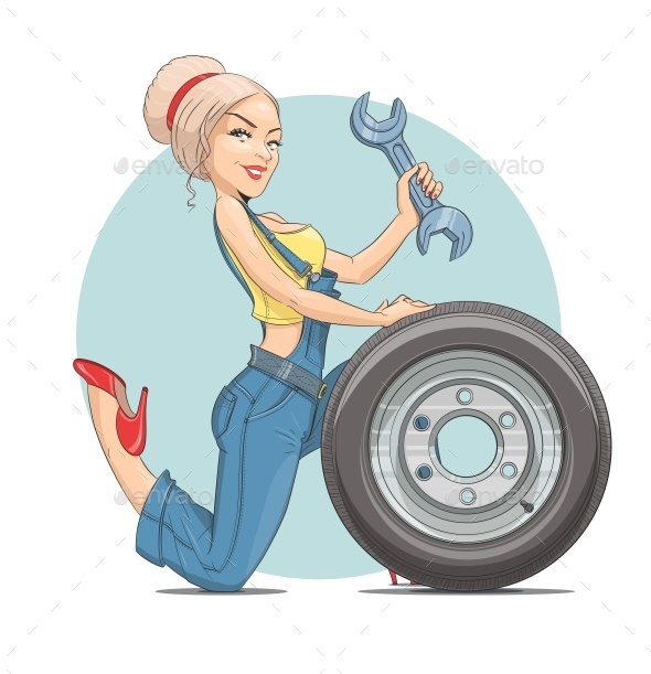GraphicRiver Girl Mechanic with Wheel 9642107 GraphicRiver Girl Mechanic with Wheel 9642107