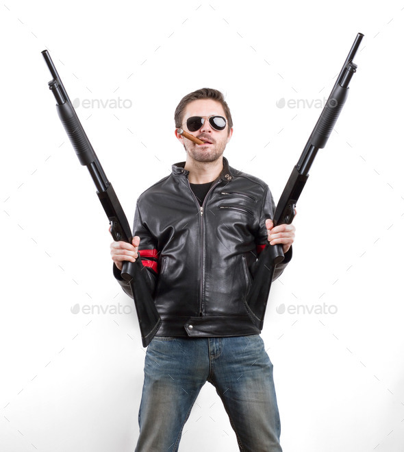 Man in black leather jacket and sunglasses with two shotguns (Misc) Photo Download