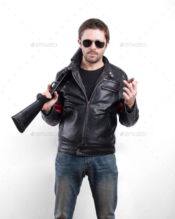 Man in black leather jacket, sunglasses and cigar with gun (Misc) Photo Download
