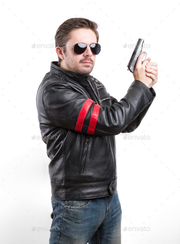 Man in black leather jacket and sunglasses with gun (Misc) Photo Download