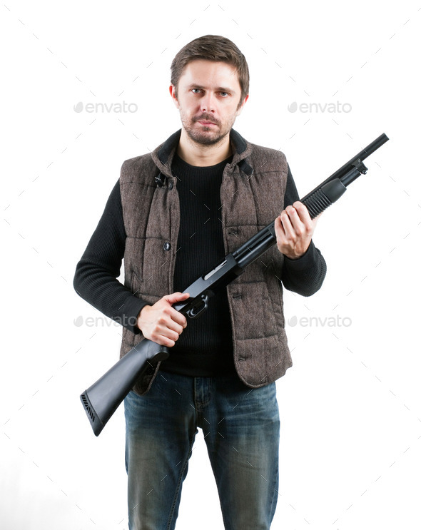 Brutal man with gun on white background (Misc) Photo Download