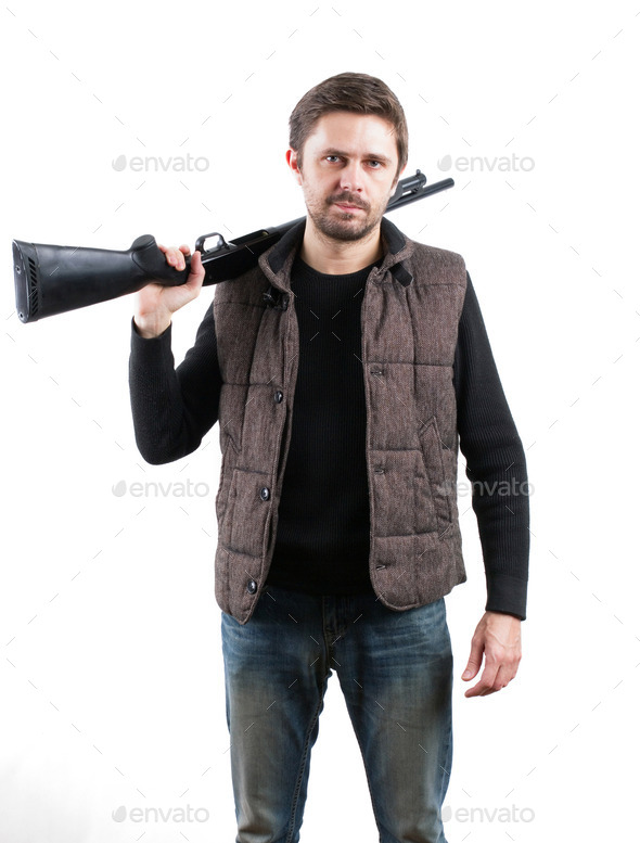 Brutal man with shotgun on white background (Misc) Photo Download