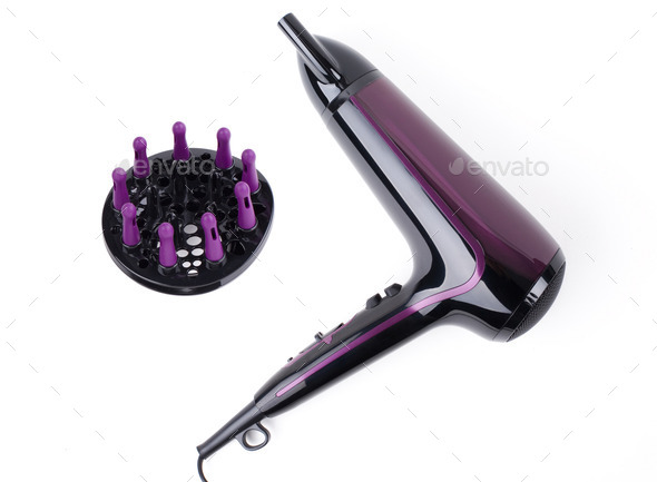 Violet hairdrier with nozzle on a white background (Misc) Photo Download
