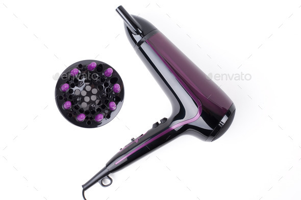 Violet hairdrier with nozzle on a white background (Misc) Photo Download