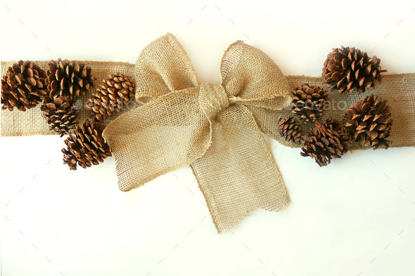 Burlap Christmas Bow with Pinecones Isolated on White Background