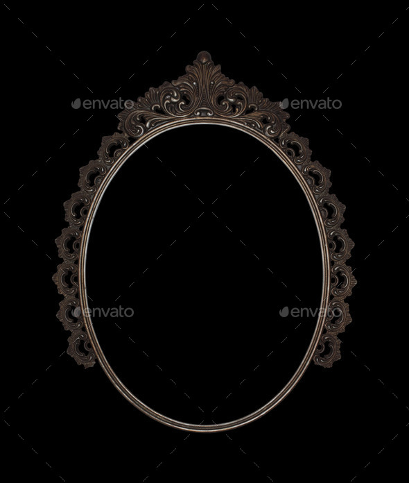 old oval picture frame metal worked on black background