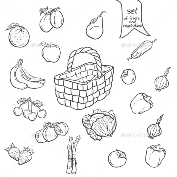 Set of Fruits and Vegetables with a Basket