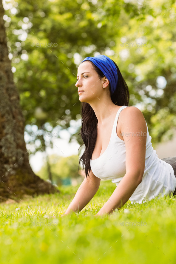 Peaceful brunette doing yoga on grass in the park (Misc) Photo Download