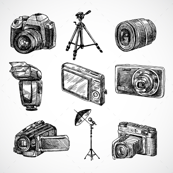 Camera Sketch Icons Set (Objects)