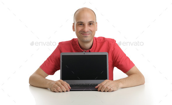 smiling bald man presenting something on laptop (Misc) Photo Download