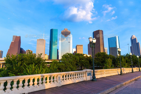 Houston skyline from Sabine St bridge Texas US