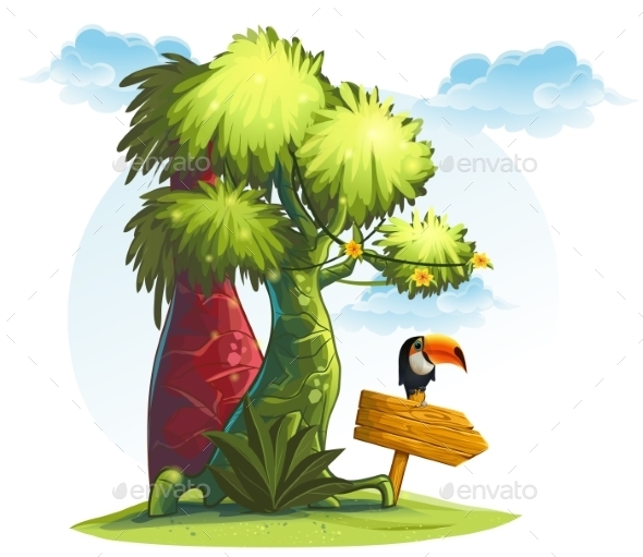 GraphicRiver Jungle of Trees with Wooden Pointer and Toucan 9702883 GraphicRiver Jungle of Trees with Wooden Pointer and Toucan 9702883