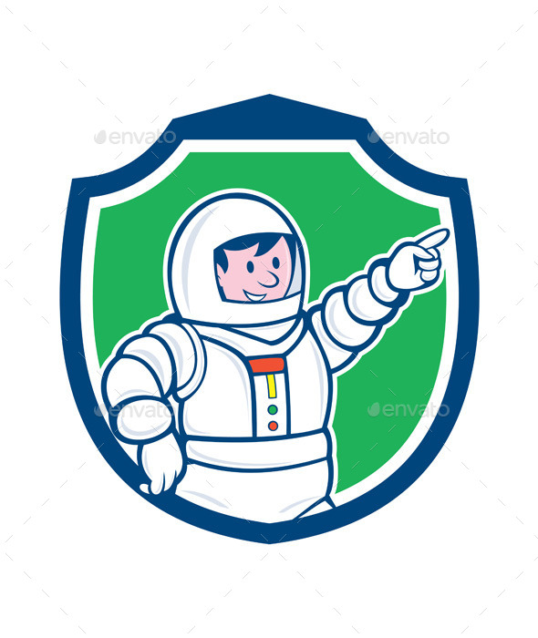 GraphicRiver Astronaut Pointing Front Shield Cartoon 9707517 GraphicRiver Astronaut Pointing Front Shield Cartoon 9707517