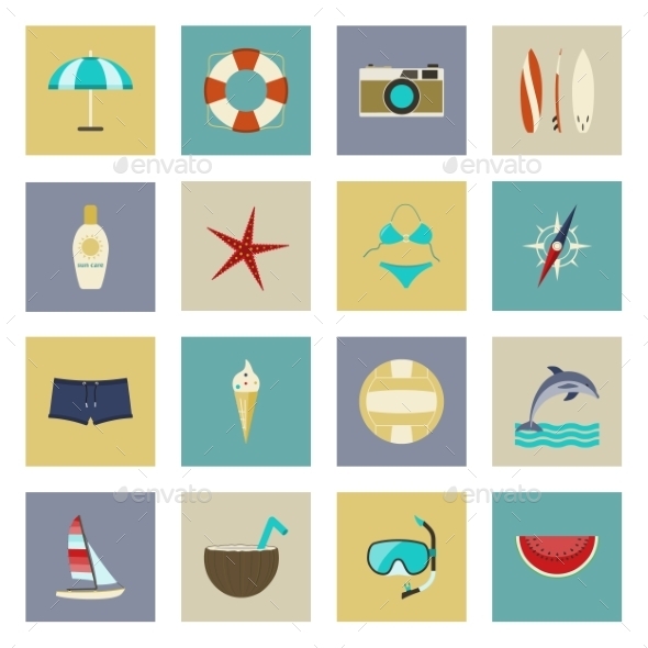 Beach Vacation and Travel Flat Icons Set Beach Vacation and Travel Flat Icons Set