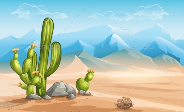 Illustration of Desert with Cactus on a Background (Landscapes)