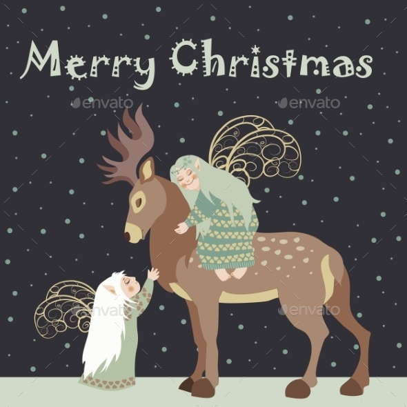 GraphicRiver Two Angels Hug a Reindeer 9715122 GraphicRiver Two Angels Hug a Reindeer 9715122