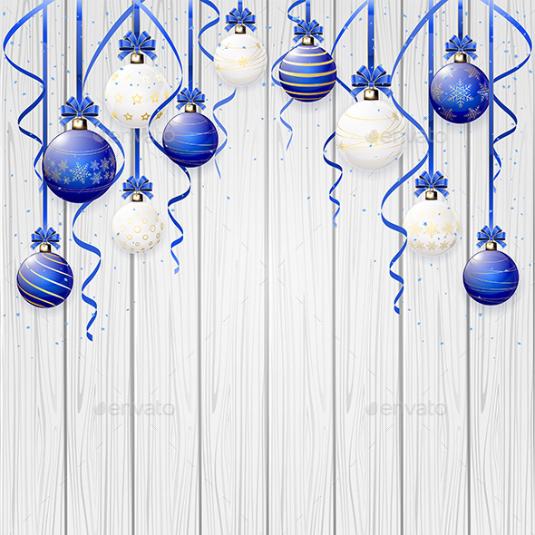 Blue Christmas Balls on Wooden Background