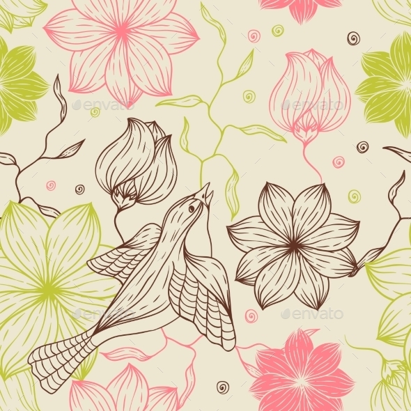 GraphicRiver Seamless Texture of Abstract Flowers and Bird 9719771 GraphicRiver Seamless Texture of Abstract Flowers and Bird 9719771