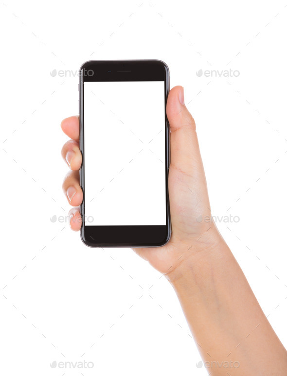 Hand holding mobile smart phone with blank screen Isolated on wh
