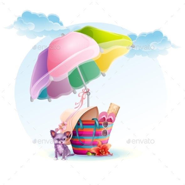 GraphicRiver Beach Bag with an Umbrella and a Dog 9725694 GraphicRiver Beach Bag with an Umbrella and a Dog 9725694