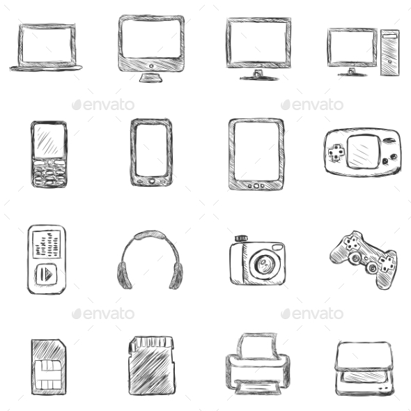 Set of Sketch Computer Devices Icons Set of Sketch Computer Devices Icons