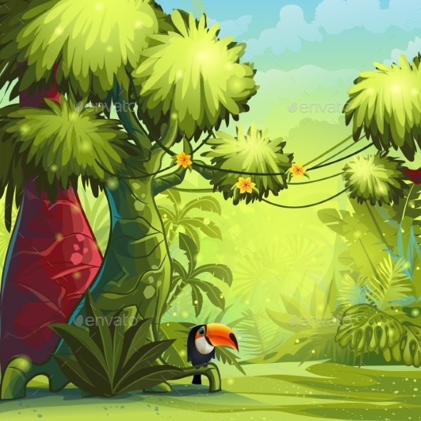GraphicRiver Illustration Sunny Morning in the Jungle with Bird 9737543 GraphicRiver Illustration Sunny Morning in the Jungle with Bird 9737543