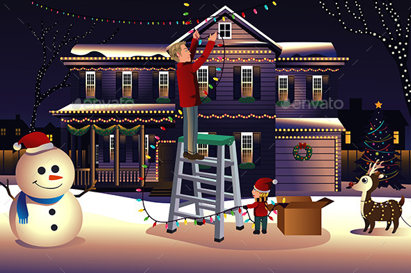 GraphicRiver Father and Son Putting Lights on the House 9742505 GraphicRiver Father and Son Putting Lights on the House 9742505