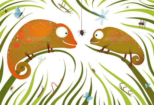 GraphicRiver Colorful Lizards with Insects in Grass 9748071 GraphicRiver Colorful Lizards with Insects in Grass 9748071