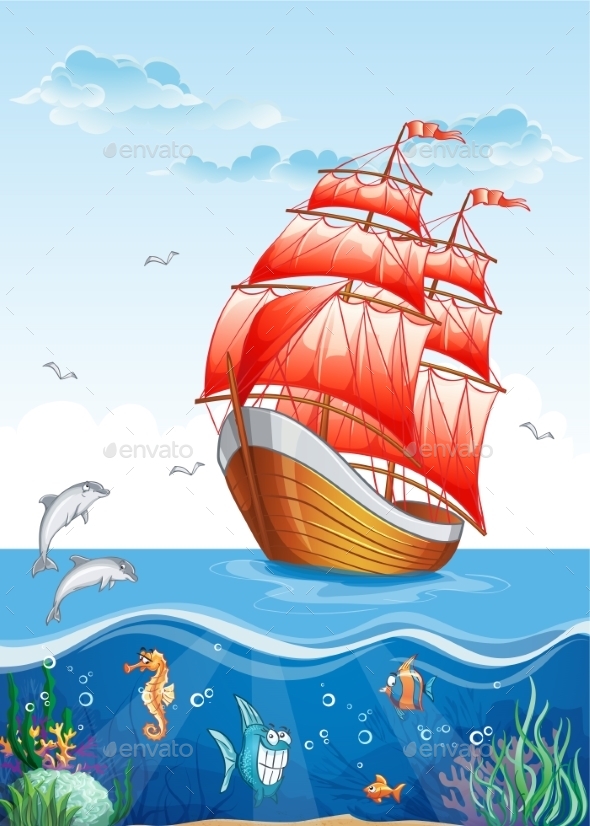 GraphicRiver Children s Illustration of a Sailboat with Red Sail 9752301 GraphicRiver Children s Illustration of a Sailboat with Red Sail 9752301