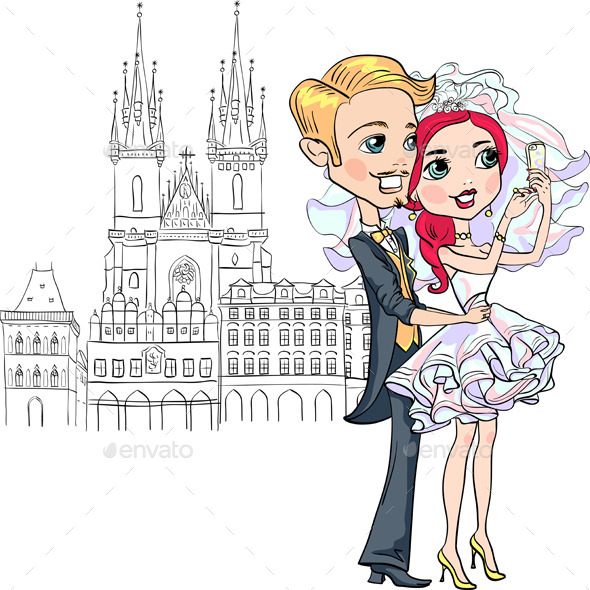 GraphicRiver Vector Bride and Groom make Selfie in Prague 9759891 GraphicRiver Vector Bride and Groom make Selfie in Prague 9759891