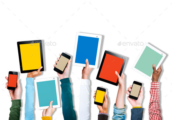 Group of Diverse Hands Holding Digital Devices (Misc) Photo Download