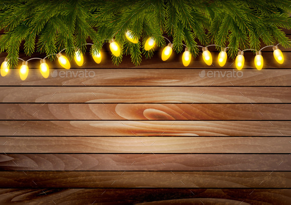Christmas Wooden Background with Branches Christmas Wooden Background with Branches