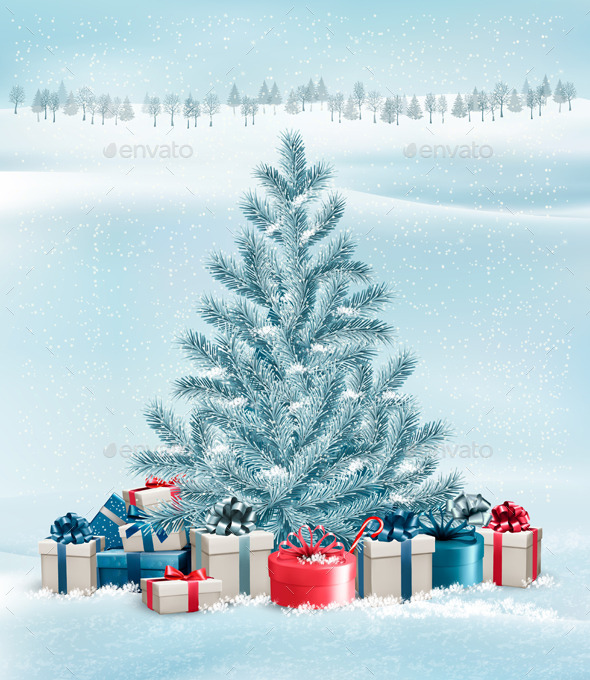 GraphicRiver Winter Landscape with a Tree and Gift Boxes 9791954 GraphicRiver Winter Landscape with a Tree and Gift Boxes 9791954