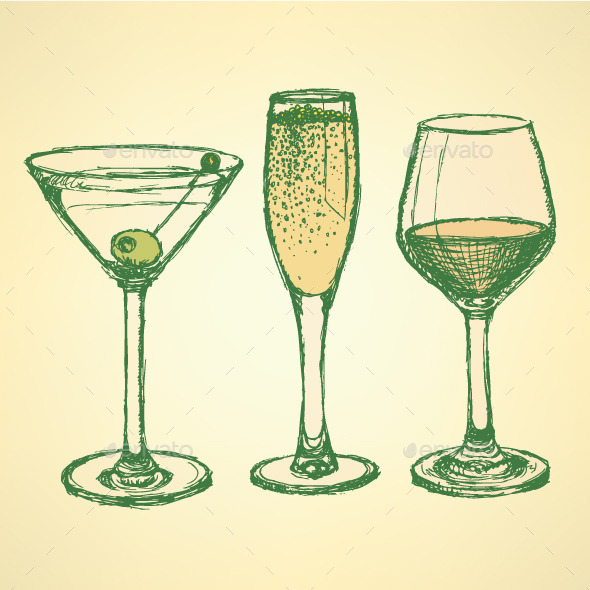 GraphicRiver Sketch Martini Champagne and Wine Glass 9796459 GraphicRiver Sketch Martini Champagne and Wine Glass 9796459