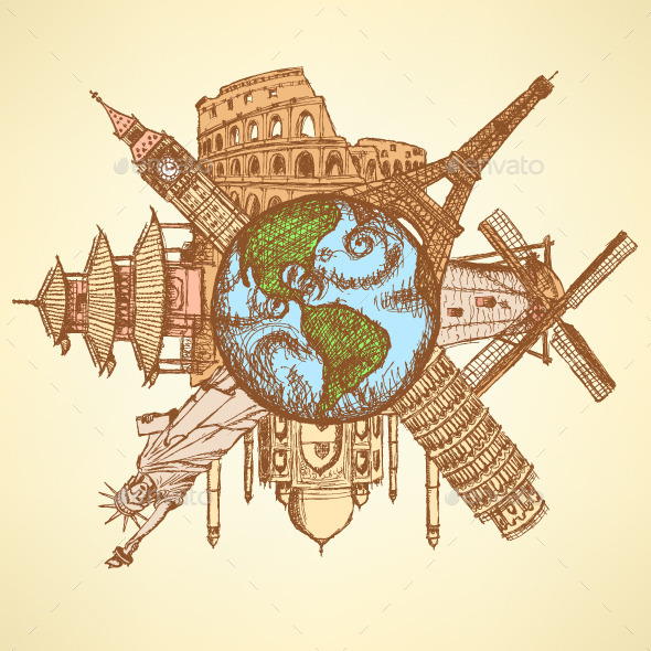 GraphicRiver Sketch famous buildings around planet Earth 8622750 GraphicRiver Sketch famous buildings around planet Earth 8622750
