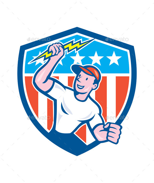 Electrician Lightning Bolt USA Flag Cartoon