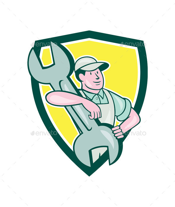GraphicRiver Mechanic Carry Spanner Wrench Shield Cartoon 9799016 GraphicRiver Mechanic Carry Spanner Wrench Shield Cartoon 9799016