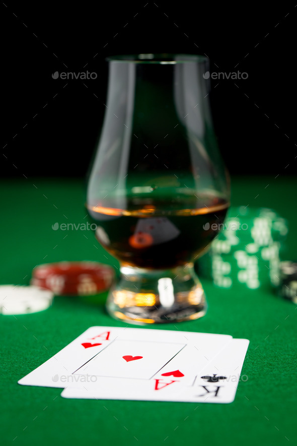 close up of chips, cards and whisky glass on table (Misc) Photo Download