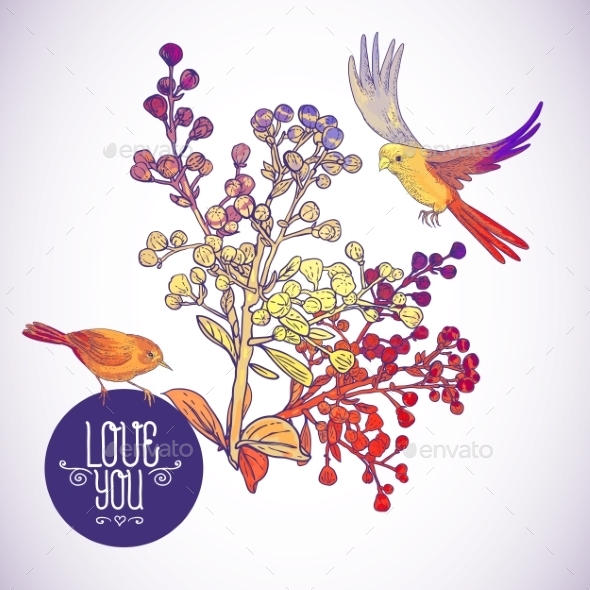 GraphicRiver Floral Greeting Card with Birds and Branches 9835451 GraphicRiver Floral Greeting Card with Birds and Branches 9835451