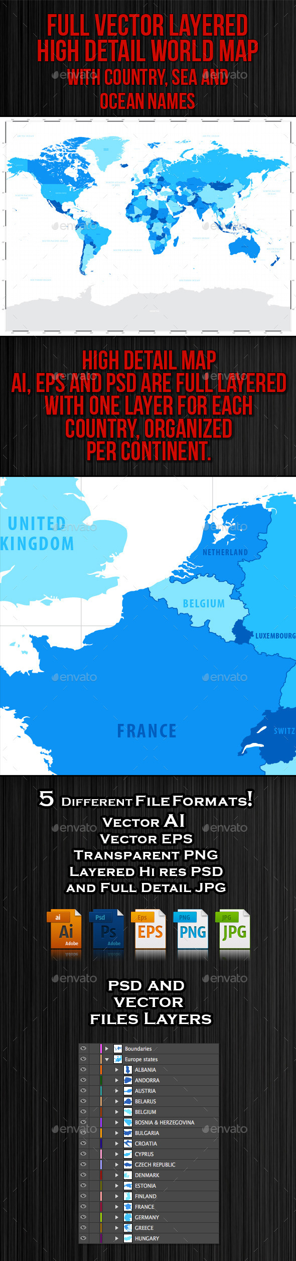 High Detail Blue World Map High Detail Blue World Map