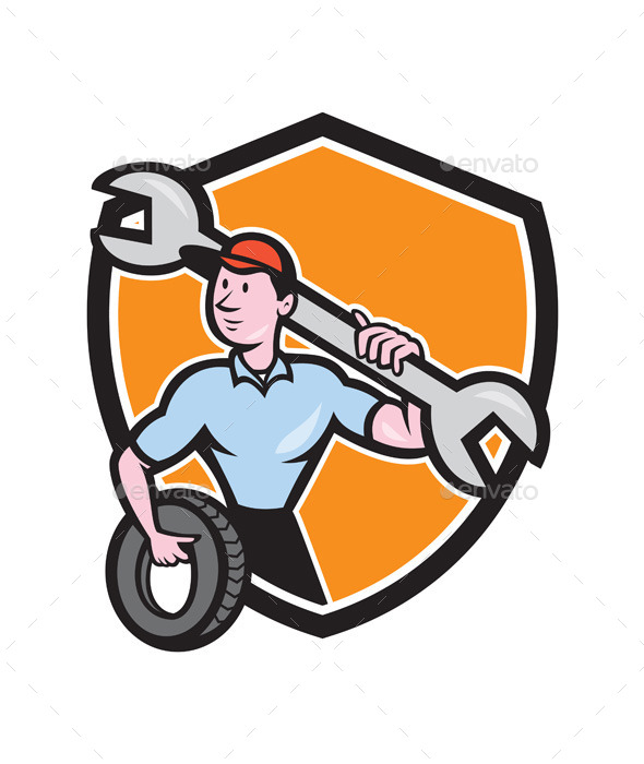 GraphicRiver Mechanic Spanner Wrench Tire Shield Cartoon 9855836 GraphicRiver Mechanic Spanner Wrench Tire Shield Cartoon 9855836